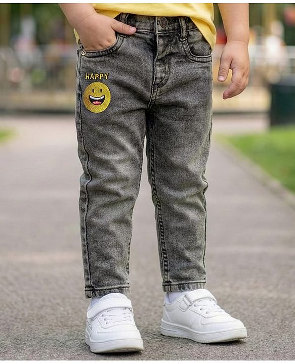 Babyhug Full Length Denim Washed Jeans with Stretch & Smiley Embroidery - Charcoal Grey