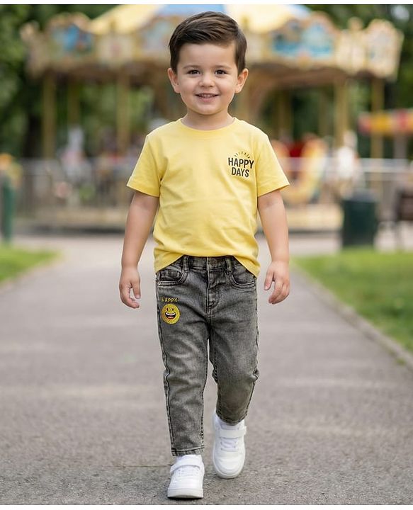 Babyhug Full Length Denim Washed Jeans with Stretch & Smiley Embroidery - Charcoal Grey