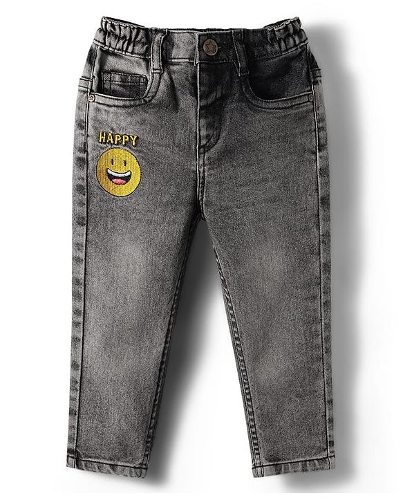 Babyhug Full Length Denim Washed Jeans with Stretch & Smiley Embroidery - Charcoal Grey