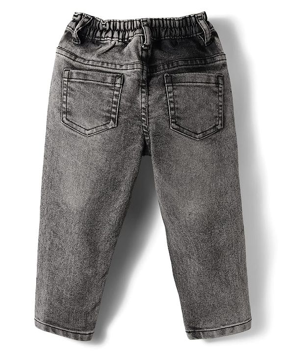 Babyhug Full Length Denim Washed Jeans with Stretch & Smiley Embroidery - Charcoal Grey