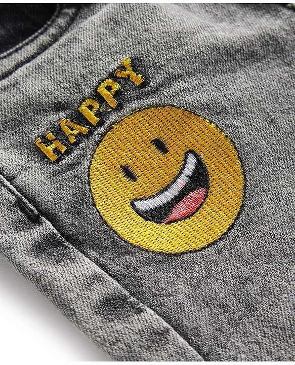 Babyhug Full Length Denim Washed Jeans with Stretch & Smiley Embroidery - Charcoal Grey