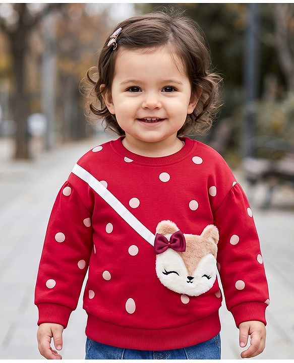 Babyhug Cotton Knit Full Sleeves Sweatshirt With Polka Dot Print & Animal Applique - Red
