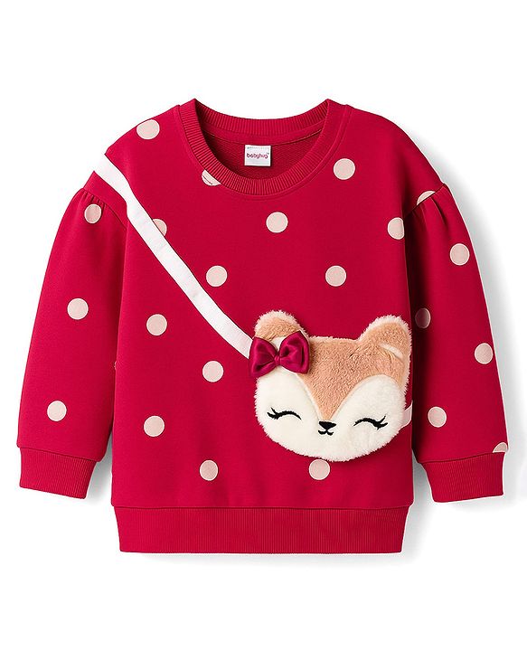 Babyhug Cotton Knit Full Sleeves Sweatshirt With Polka Dot Print & Animal Applique - Red