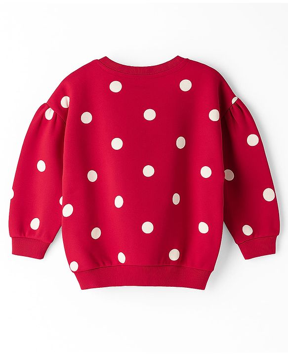Babyhug Cotton Knit Full Sleeves Sweatshirt With Polka Dot Print & Animal Applique - Red