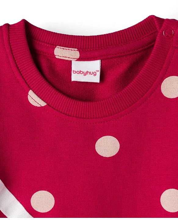 Babyhug Cotton Knit Full Sleeves Sweatshirt With Polka Dot Print & Animal Applique - Red