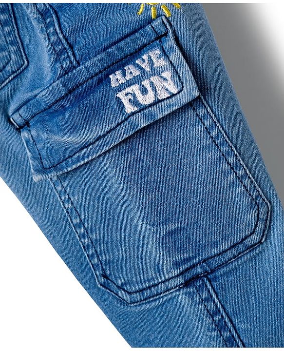 Babyhug Full Length Washed Denim Jeans With Stretch & Embroidery Detailing - Light Blue