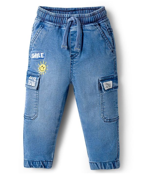 Babyhug Full Length Washed Denim Jeans With Stretch & Embroidery Detailing - Light Blue