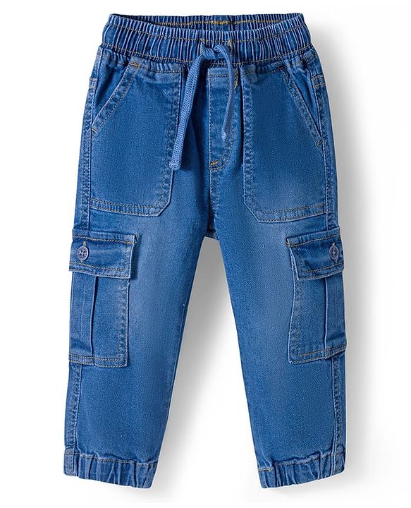 Babyhug Full Length Denim Washed Jeans with Stretch & Cargo Pockets - Light Blue