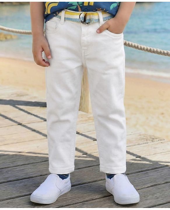 Babyhug Full Length Solid Color Denim Jeans with Stretch & Belt - White