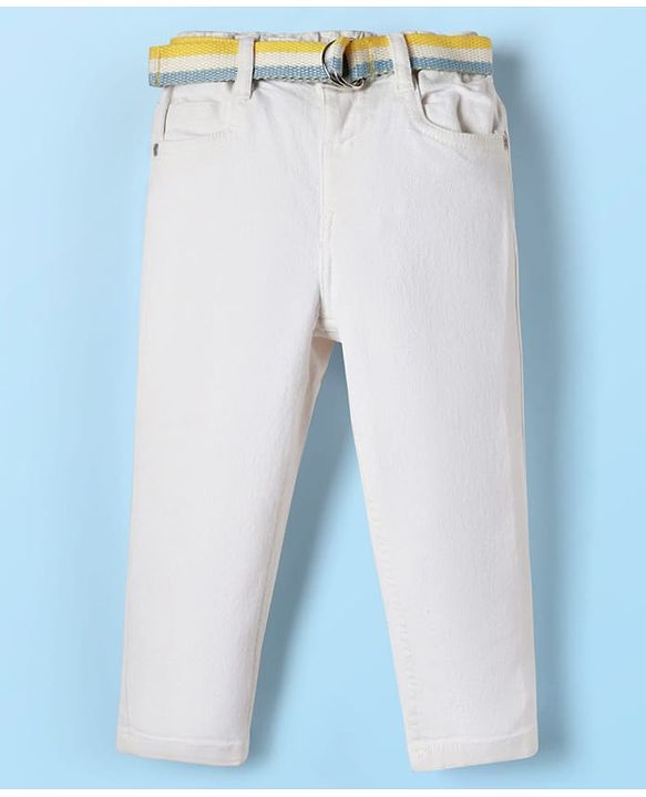 Babyhug Full Length Solid Color Denim Jeans with Stretch & Belt - White