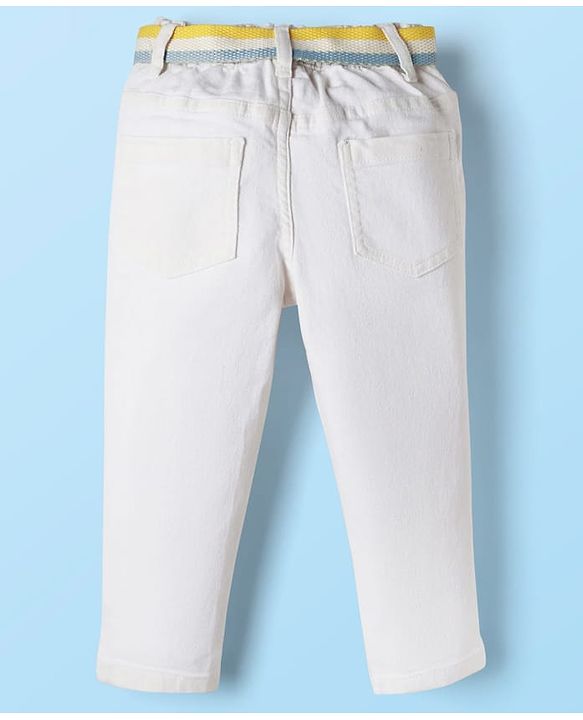 Babyhug Full Length Solid Color Denim Jeans with Stretch & Belt - White