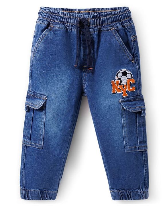 Babyhug Full Length Washed Denim Jeans With Stretch & Embroidery Detailing - Blue