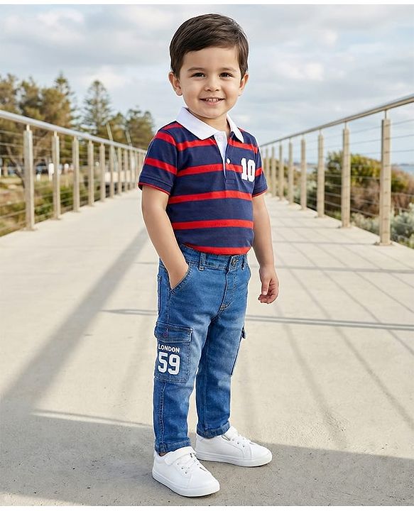 Babyhug Denim Full Length Washed Jeans With Stretch - Blue
