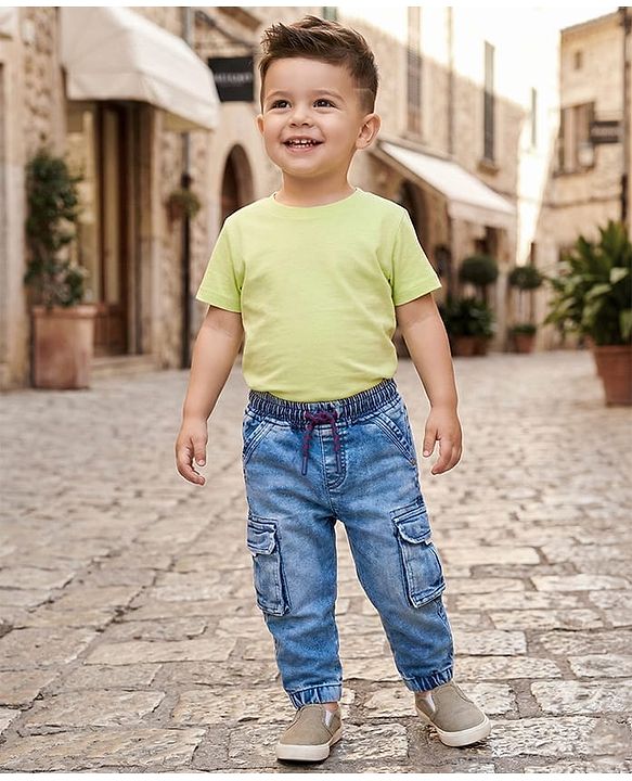 Babyhug Denim Full Length Washed Jeans With Stretch - Navy Blue