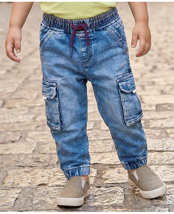 Babyhug Denim Full Length Washed Jeans With Stretch - Navy Blue