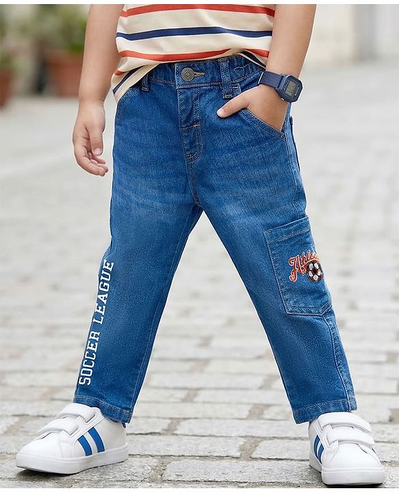 Babyhug Denim Full Length Washed Jeans With Strech &  Text Print - Navy Blue