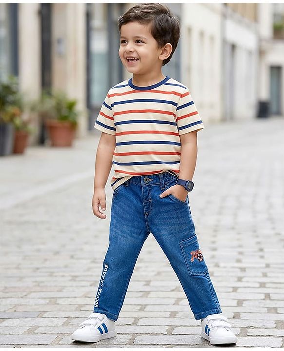 Babyhug Denim Full Length Washed Jeans With Strech &  Text Print - Navy Blue