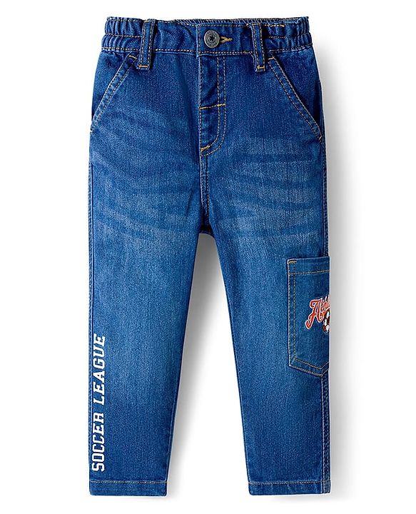 Babyhug Denim Full Length Washed Jeans With Strech &  Text Print - Navy Blue