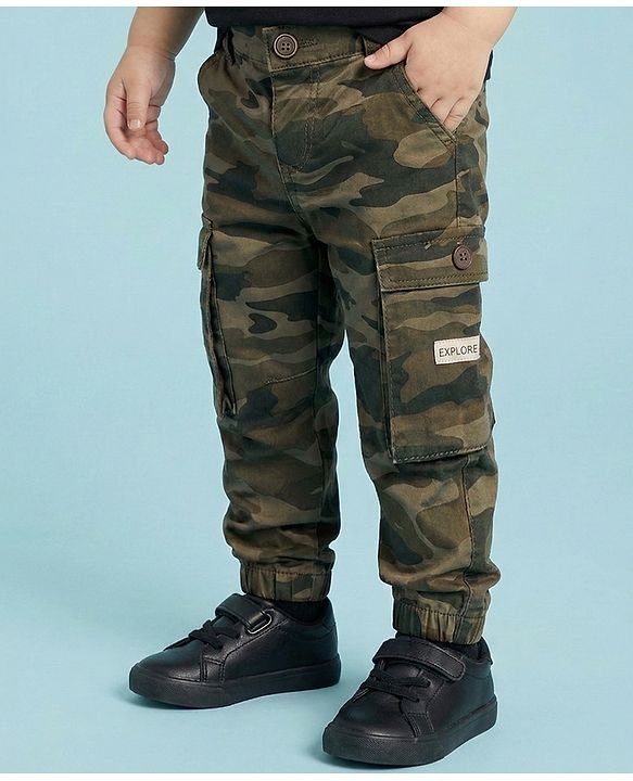 Babyhug Twill Woven Full Length Trouser Pant With Camouflage Design - Olive Green