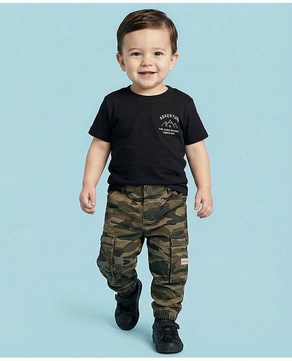 Babyhug Twill Woven Full Length Trouser Pant With Camouflage Design - Olive Green