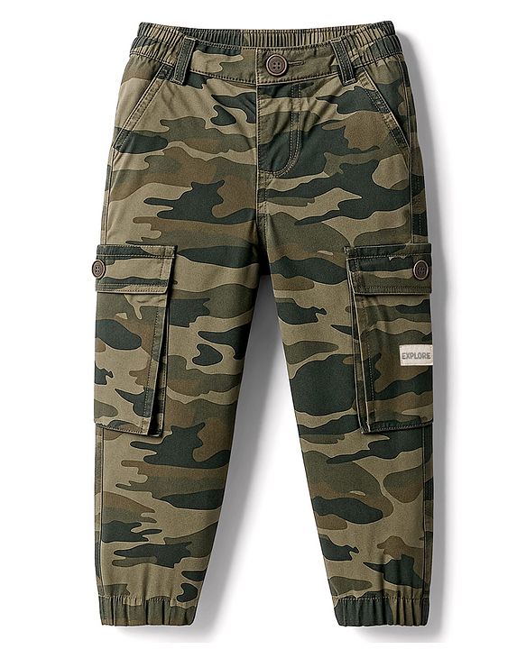 Babyhug Twill Woven Full Length Trouser Pant With Camouflage Design - Olive Green