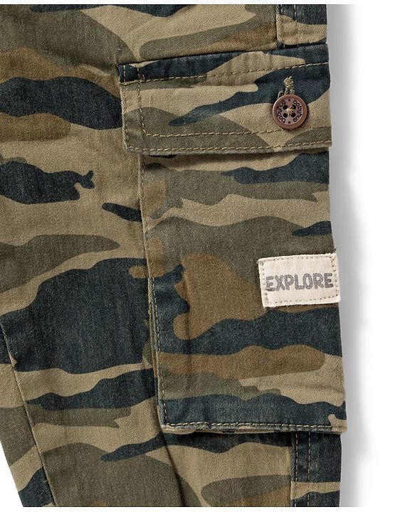 Babyhug Twill Woven Full Length Trouser Pant With Camouflage Design - Olive Green