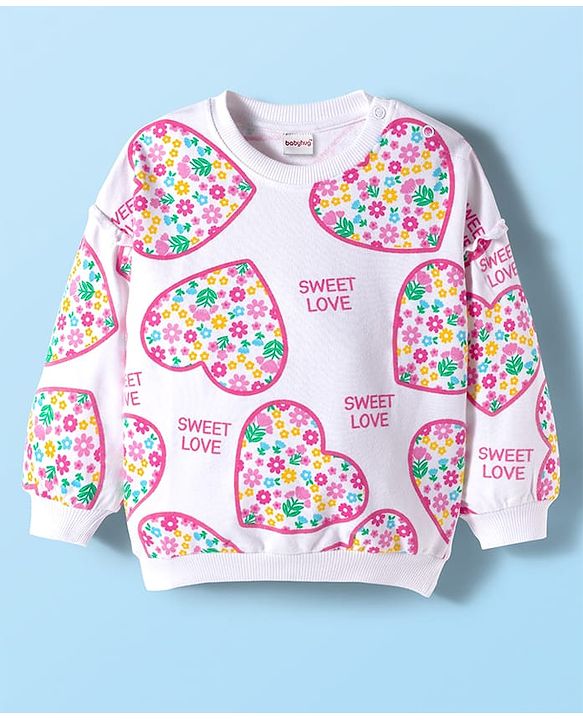 Babyhug Cotton Knit Full Sleeves Sweatshirt With Heart & Floral Print - White