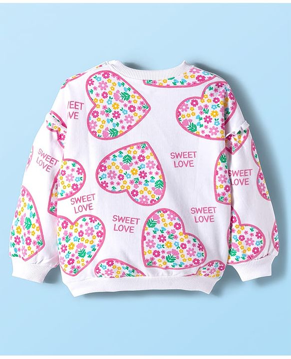 Babyhug Cotton Knit Full Sleeves Sweatshirt With Heart & Floral Print - White