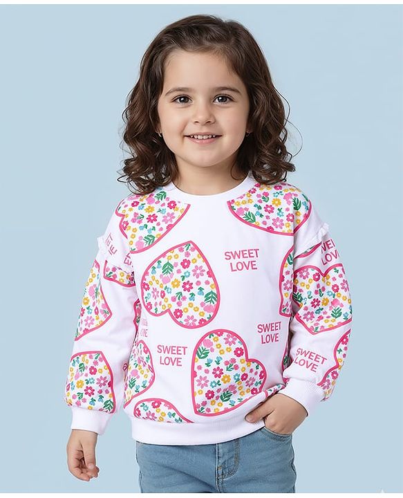 Babyhug Cotton Knit Full Sleeves Sweatshirt With Heart & Floral Print - White