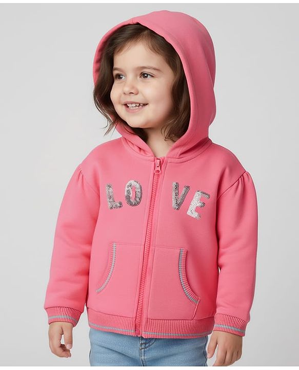 Babyhug Cotton Knit Full Sleeves Hooded Sweatjacket With Sequin Detailing & Kangaroo Pockets - Pink