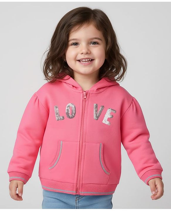 Babyhug Cotton Knit Full Sleeves Hooded Sweatjacket With Sequin Detailing & Kangaroo Pockets - Pink