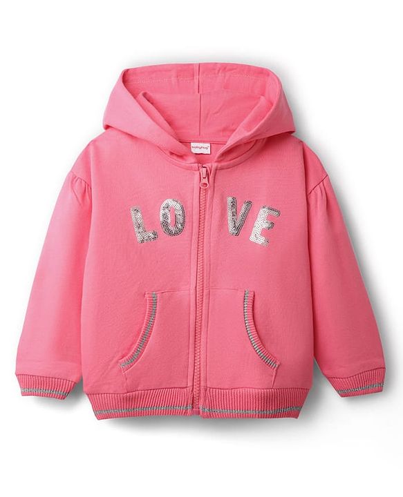 Babyhug Cotton Knit Full Sleeves Hooded Sweatjacket With Sequin Detailing & Kangaroo Pockets - Pink