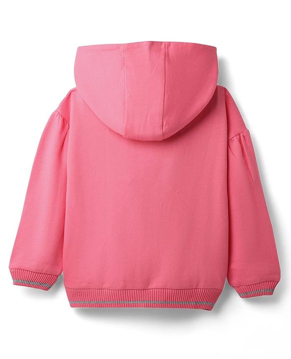 Babyhug Cotton Knit Full Sleeves Hooded Sweatjacket With Sequin Detailing & Kangaroo Pockets - Pink