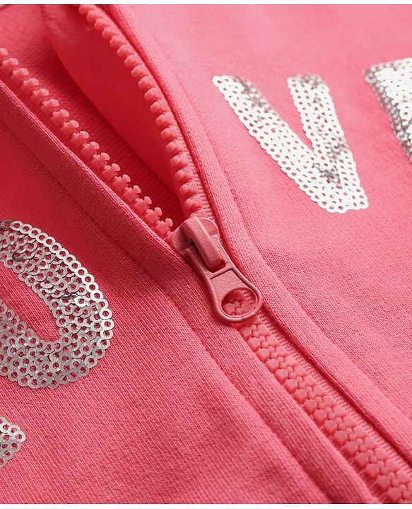 Babyhug Cotton Knit Full Sleeves Hooded Sweatjacket With Sequin Detailing & Kangaroo Pockets - Pink