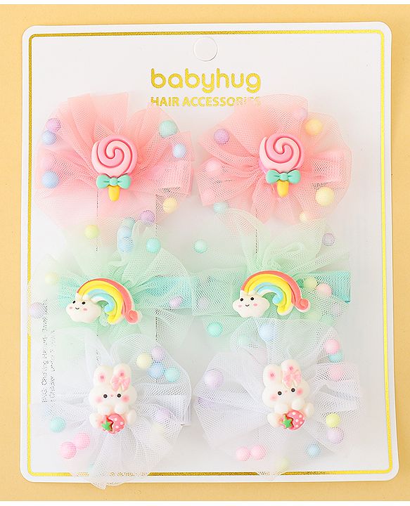 Babyhug Hair Pins And Clips Set of 6 - Pink & Light Green