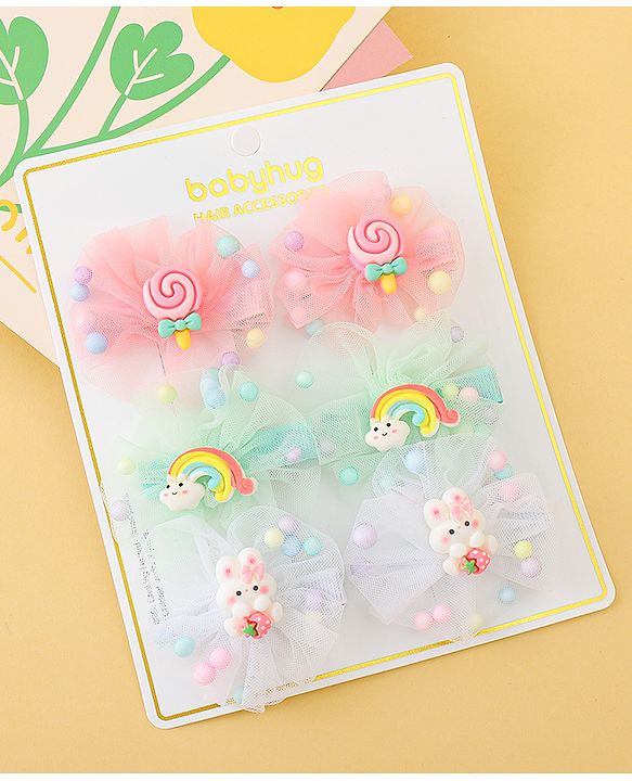 Babyhug Hair Pins And Clips Set of 6 - Pink & Light Green