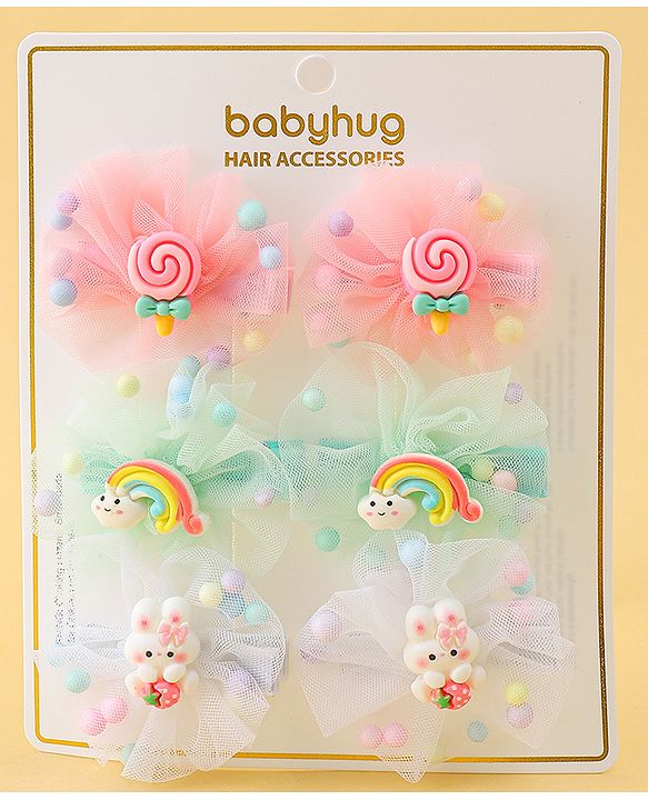 Babyhug Hair Pins And Clips Set of 6 - Pink & Light Green
