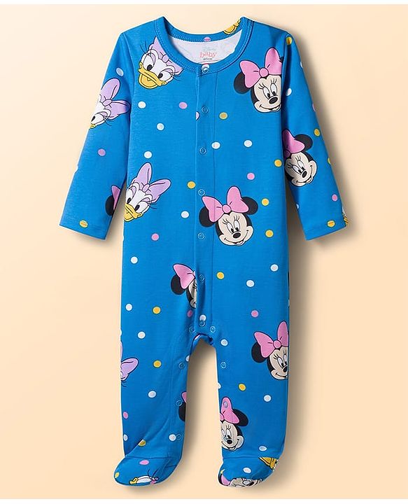 Babyhug Disney Interlock Knit Full Sleeves Footed Sleepsuit With Minnie Mouse Graphics Pack Of 2 - Blue & White