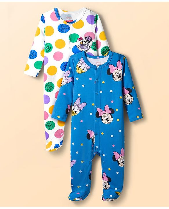 Babyhug Disney Interlock Knit Full Sleeves Footed Sleepsuit With Minnie Mouse Graphics Pack Of 2 - Blue & White