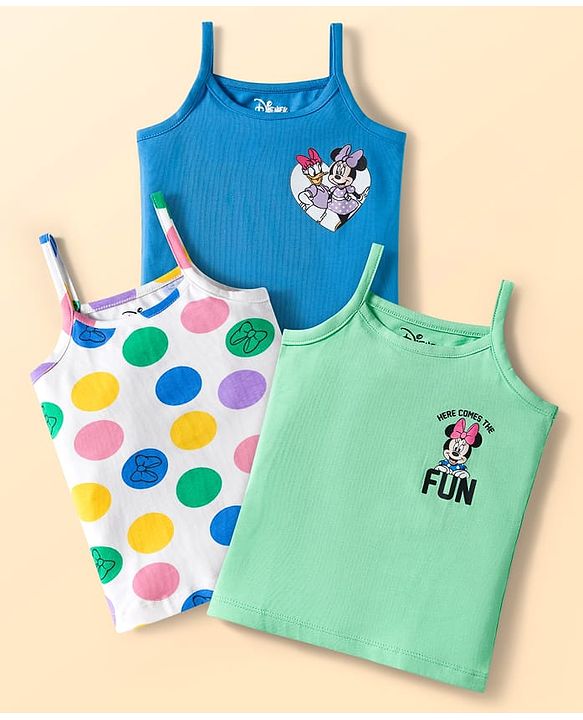 Babyhug Disney Knit Sleeveless Slips with With Minnie Mouse Graphics Pack of 3 - Light Green & Blue