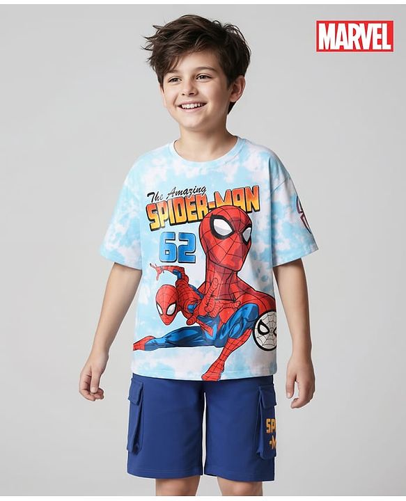 Pine Kids Marvel Single Jersey Knit Half Sleeves Drop Shoulder T-Shirt & Short Set with Spider-Man Graphics - Blue