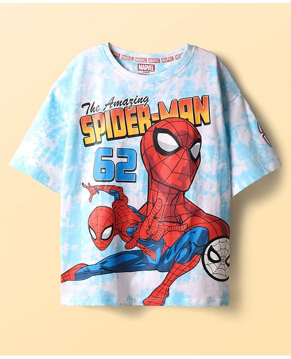 Pine Kids Marvel Single Jersey Knit Half Sleeves Drop Shoulder T-Shirt & Short Set with Spider-Man Graphics - Blue