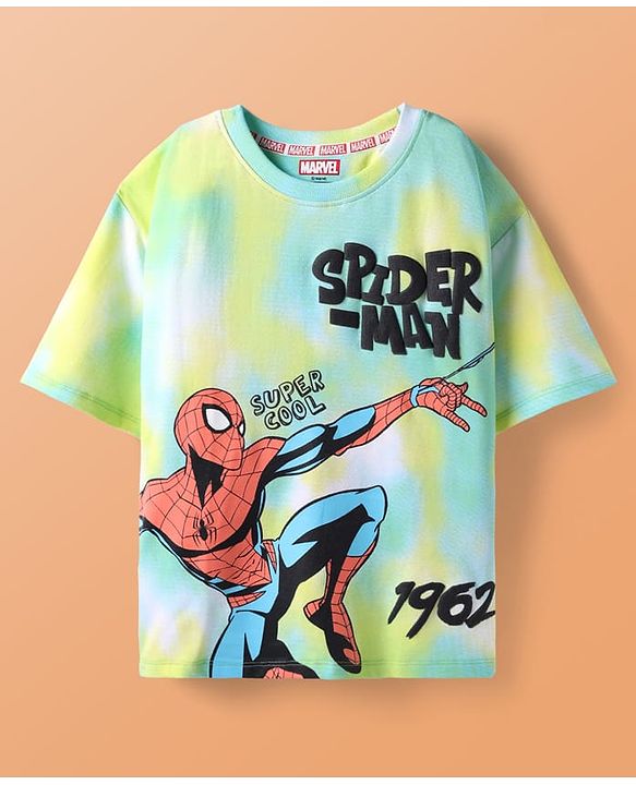 Pine Kids Marvel Single Jersey Knit Half Sleeves Drop Shoulder Tie & Dye T-Shirt & Shorts Set with Spider Man Graphics - Multicolor