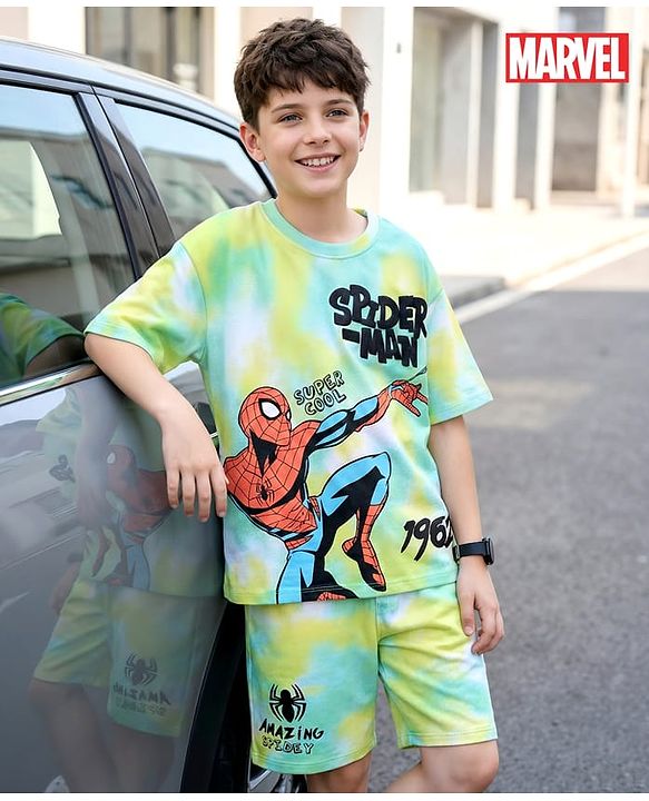 Pine Kids Marvel Single Jersey Knit Half Sleeves Drop Shoulder Tie & Dye T-Shirt & Shorts Set with Spider Man Graphics - Multicolor