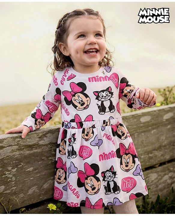Babyhug Disney Single Jersey Knit Full Raglan Sleeves Frock With Minnie Mouse Print - White