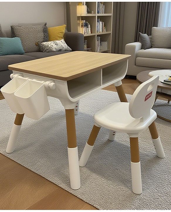 Babyhug Kids Table & Chair Set - Natural|Adjustable Height| Study & Play Furniture for Boys & Girls| Eco-Friendly Wood| Rounded Corners| Anti-Skid Legs| Under the Table & Side Storage