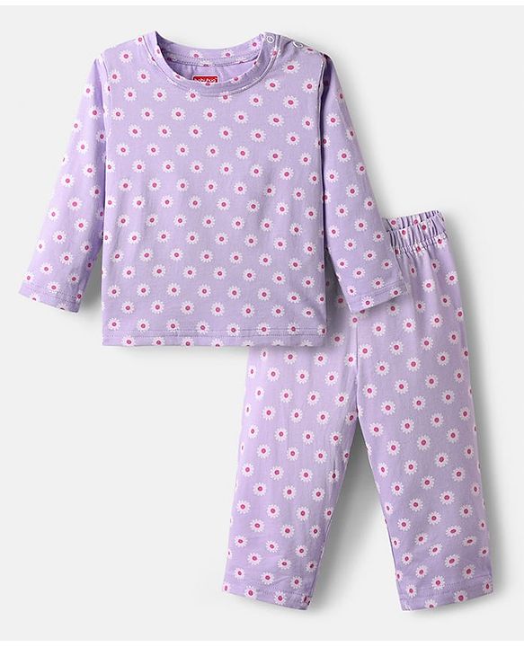 Babyhug Cotton Knit Full Sleeves Co-ords Night Suit with Floral Print - Lavender