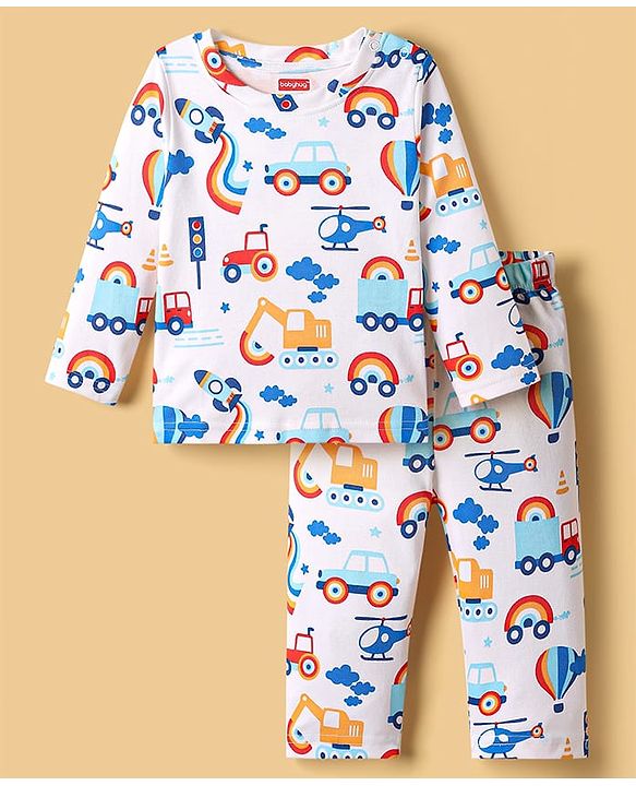 Babyhug Cotton Knit Full Sleeves Co-ords Night Suit with Vehicle Print - White