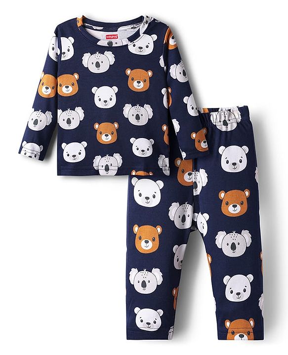 Babyhug Cotton Knit Full Sleeves Co-ords Night Suit with Animal Print - Navy Blue