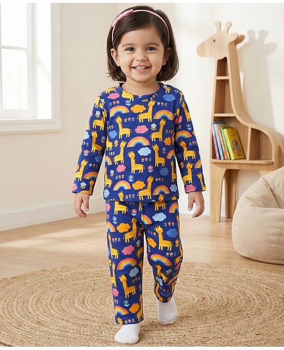Babyhug Cotton Knit Full Sleeves Co-ords Night Suit With Floral Print - Navy Blue